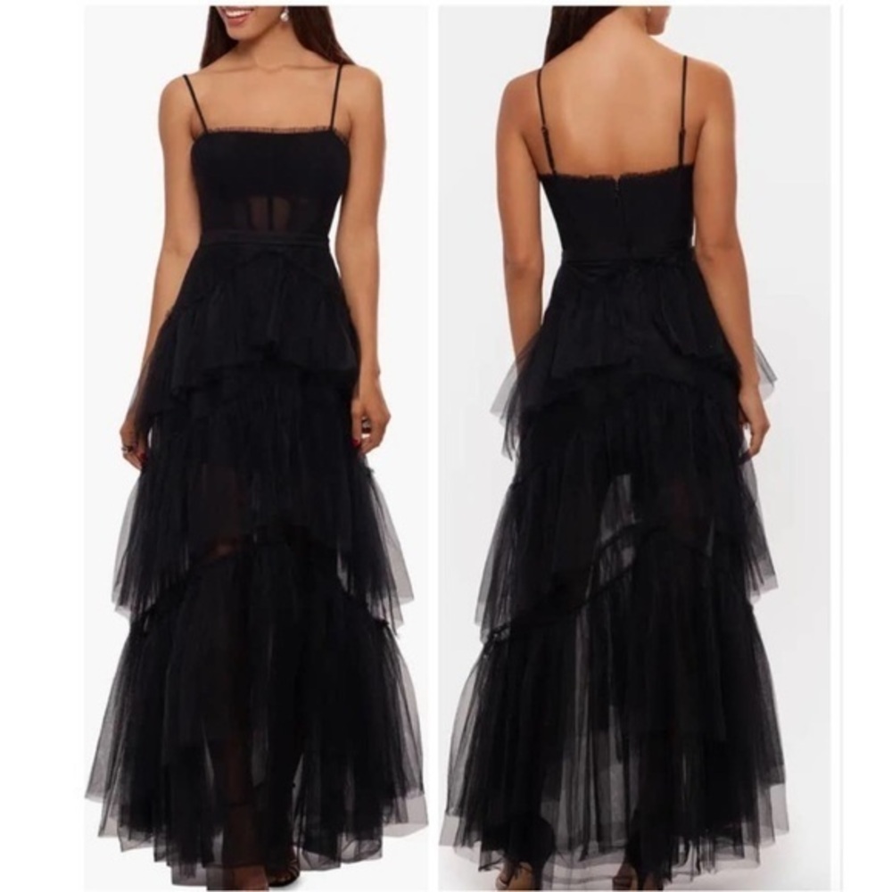 NWT Betsy & Adam Tiered Tulle Ruffle Gown Black Dress 6 Mesh Corset Illusion